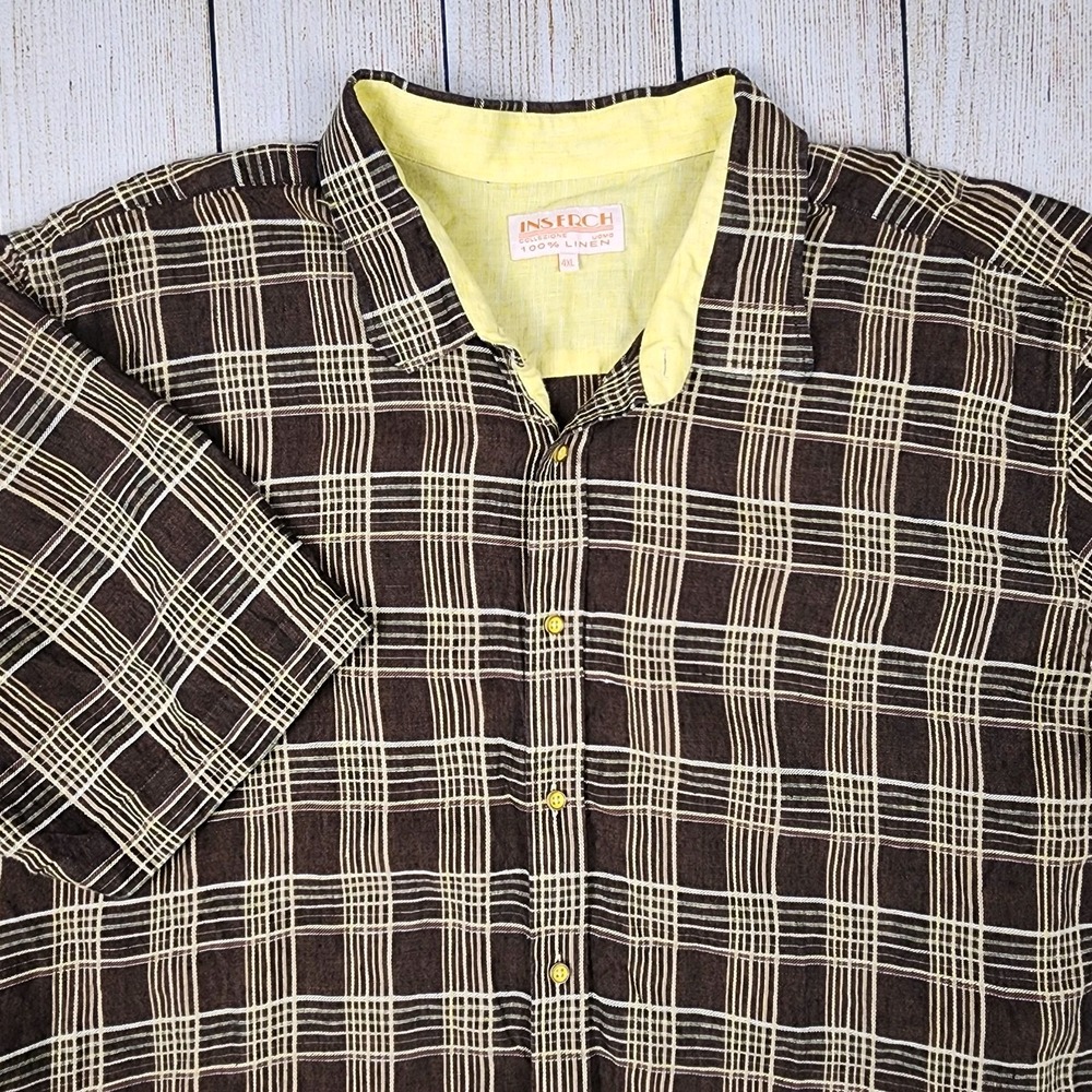 Men INSERCH Brown (4XL) premium Soft Cool Linen‎  2pc Leisure suit Brown Plaid